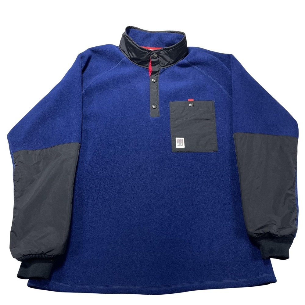 Topo Designs Pullover Mens XL Blue Polartec Fleece Snap Mock Neck Hiking Outdoor